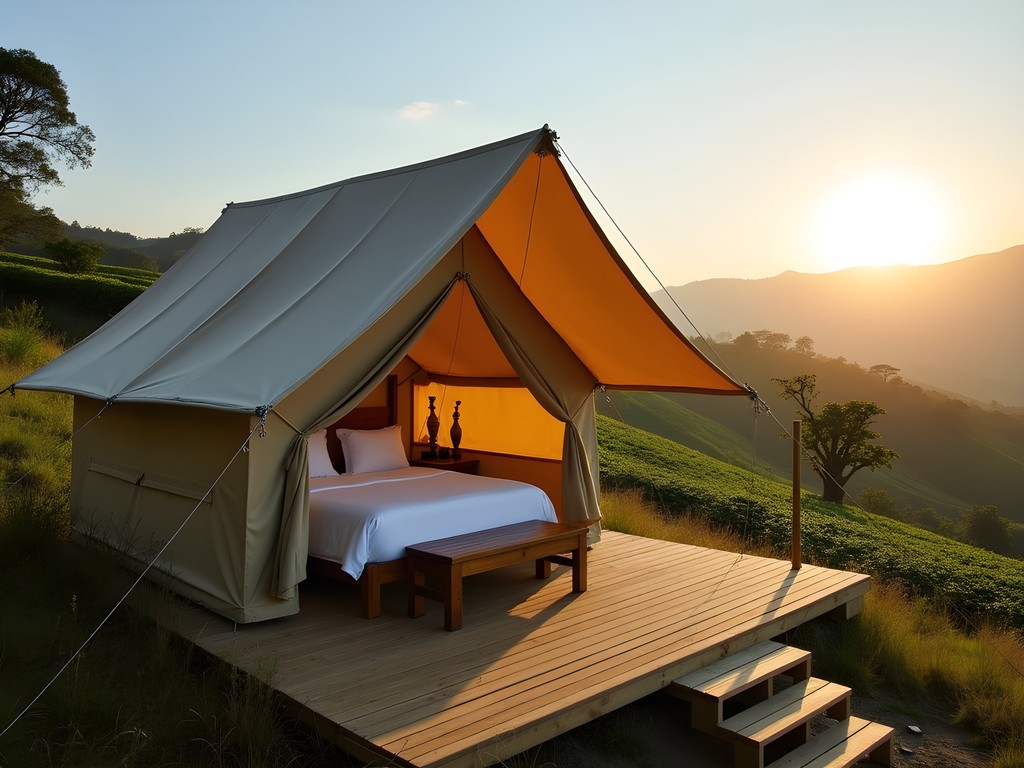 Luxury safari tent accommodation at Madulkelle Tea and Eco Lodge with panoramic mountain views