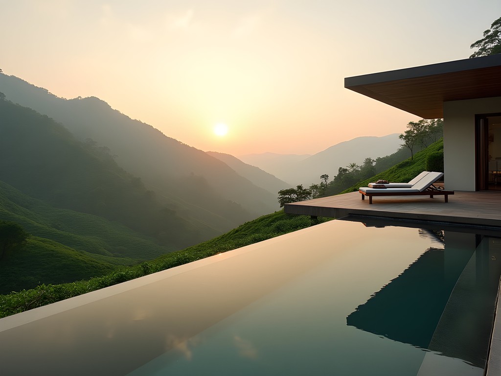 Infinity pool at Santani Wellness Resort overlooking misty tea mountains in Kandy highlands