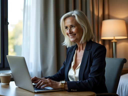 Professional business traveler working at boutique hotel desk with laptop and coffee in Kansas City