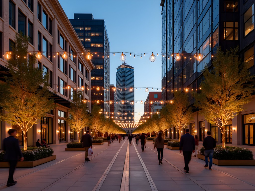 Kansas City Power & Light District illuminated at dusk with modern buildings and pedestrians