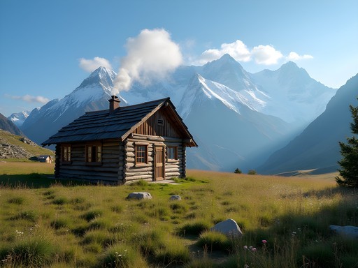 Wooden mountain lodge in Altyn Arashan valley with snow-capped peaks in background