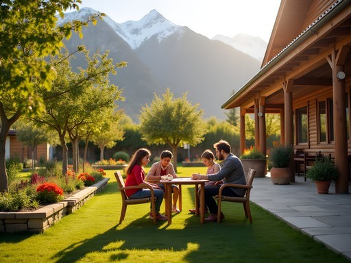 Family relaxing in the garden of a Karakol guesthouse with mountains in background