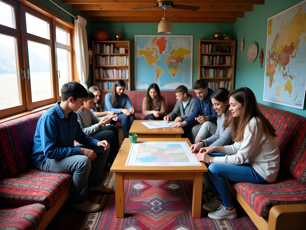 Families and travelers in colorful common room of Karakol hostel with traditional Kyrgyz decorations