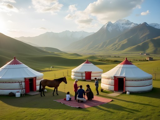 Family experiencing traditional Kyrgyz yurt stay with mountains in background