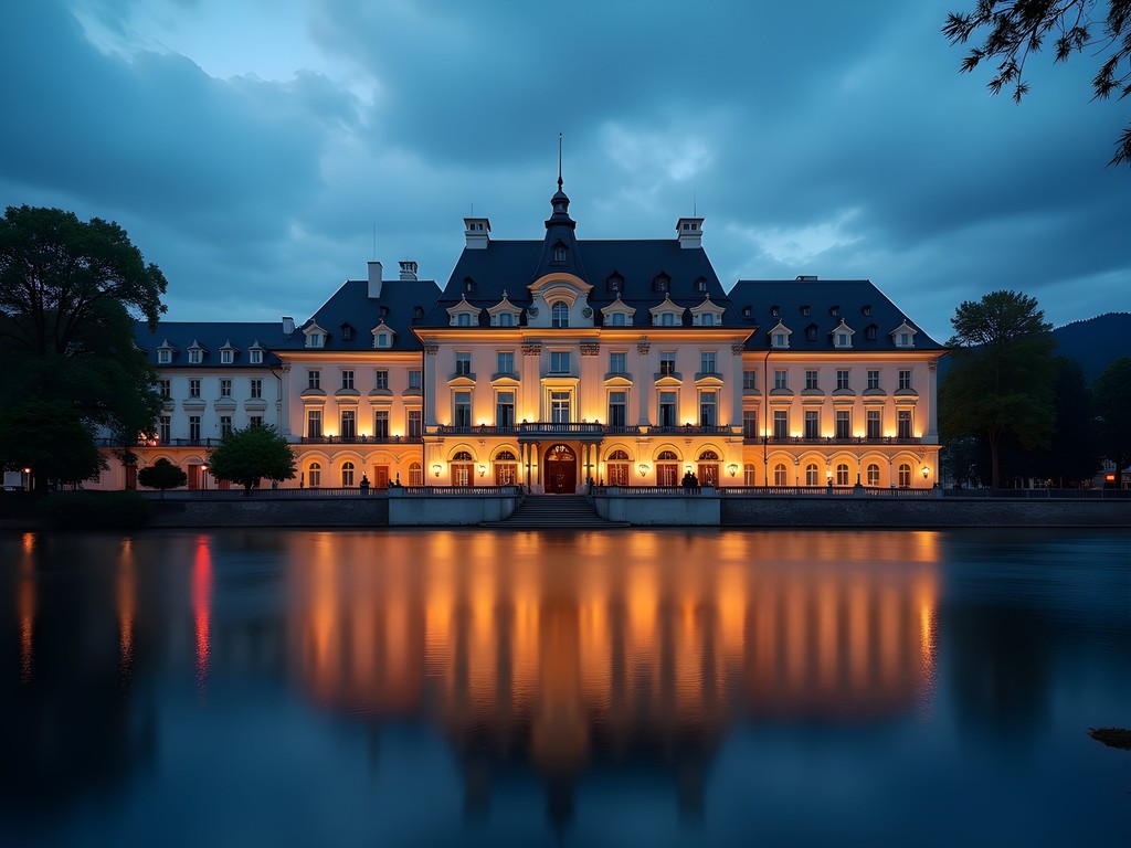 Grandhotel Pupp illuminated at dusk with the Teplá River in foreground