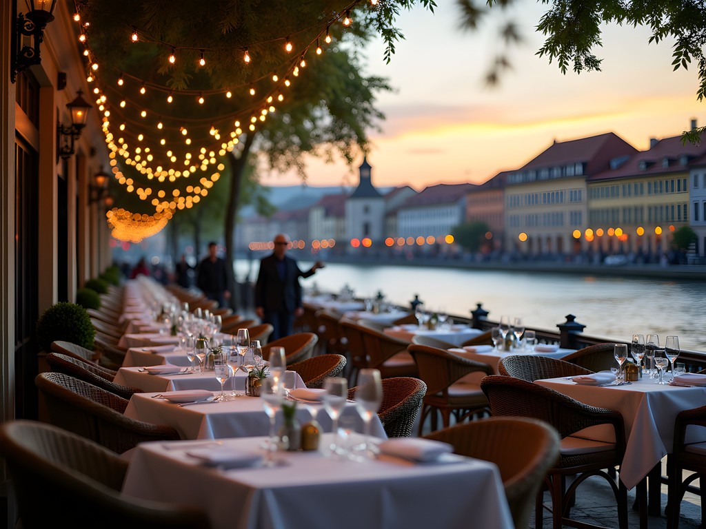 Riverside dining terrace at Hotel Dvorak overlooking the Teplá River and colorful buildings of Karlovy Vary