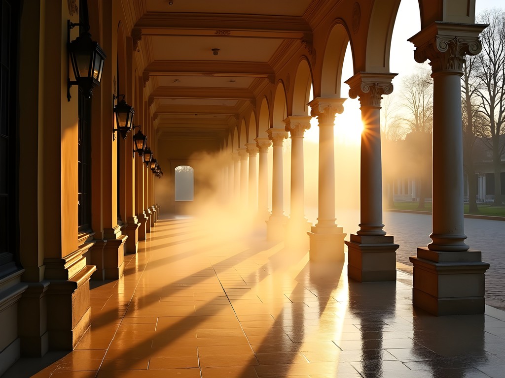Steam rising from hot springs at Mill Colonnade in Karlovy Vary at sunrise