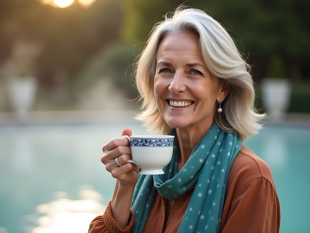 Stella Rose sipping from a traditional Czech porcelain spa cup beside a thermal spring