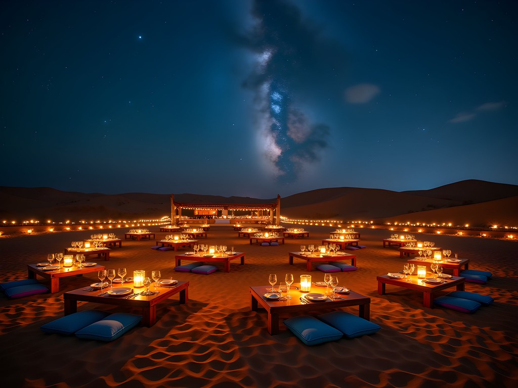 Candlelit outdoor dining setup in desert with low tables, cushions and starry sky above Siwa Oasis