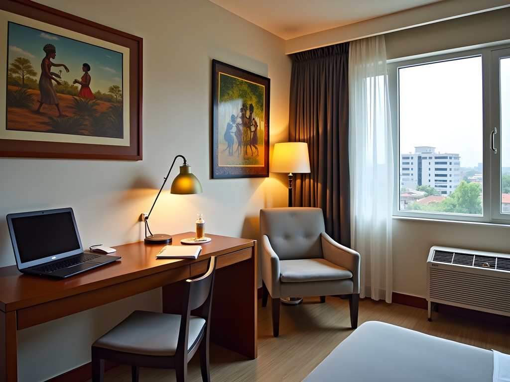 Business workspace in Kisangani Business Lodge with local artwork and modern amenities