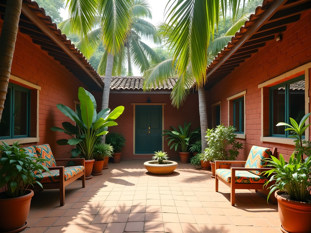 Traditional courtyard at Maison d'hôtes Boyoma guesthouse in Kisangani with tropical plants and local architecture