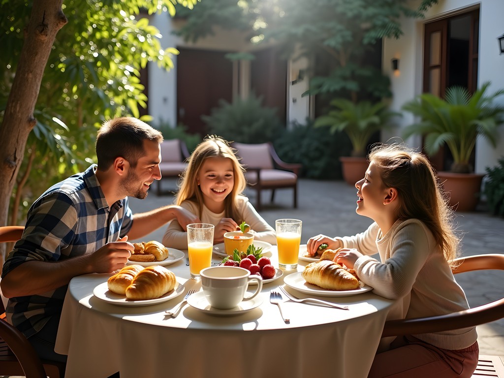 Family enjoying traditional Argentine breakfast at a boutique hotel in La Plata