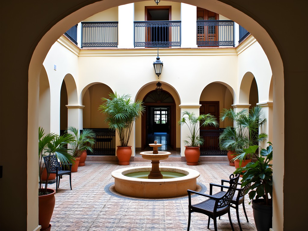 Interior courtyard of a restored heritage mansion hotel in La Plata with traditional tiles and fountain