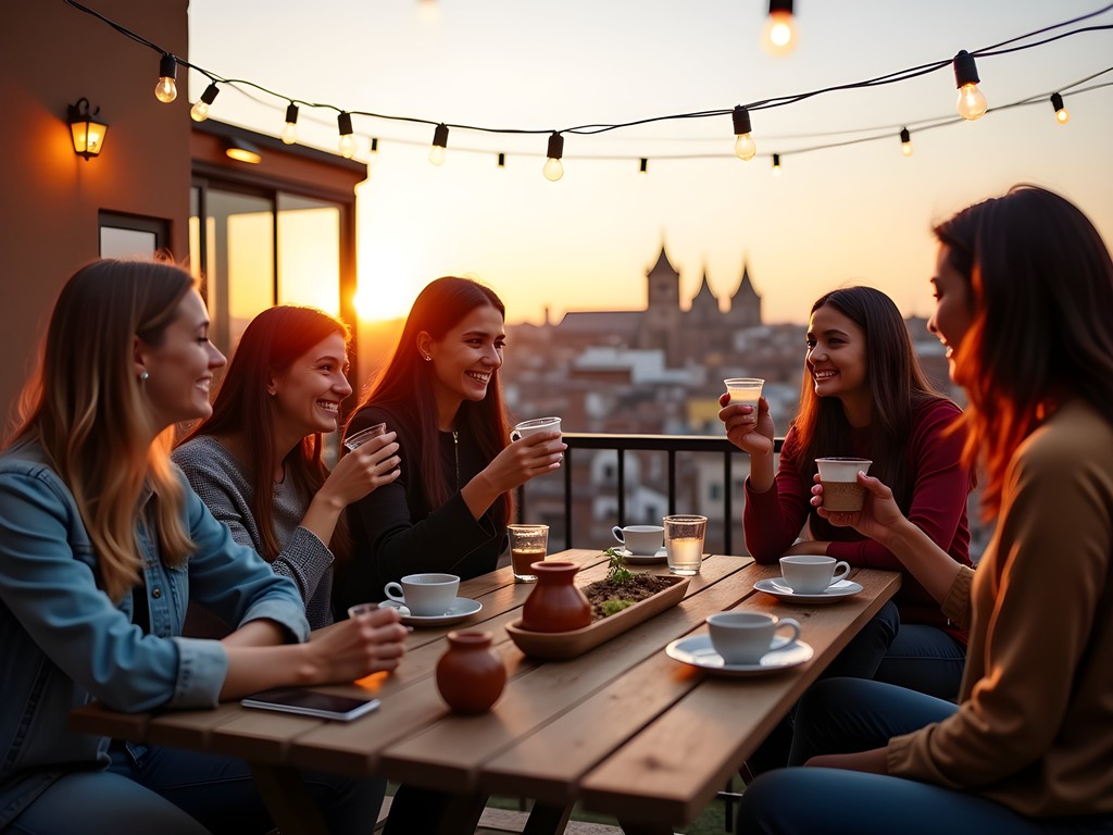 Travelers enjoying mate tea ceremony on a hostel rooftop in La Plata