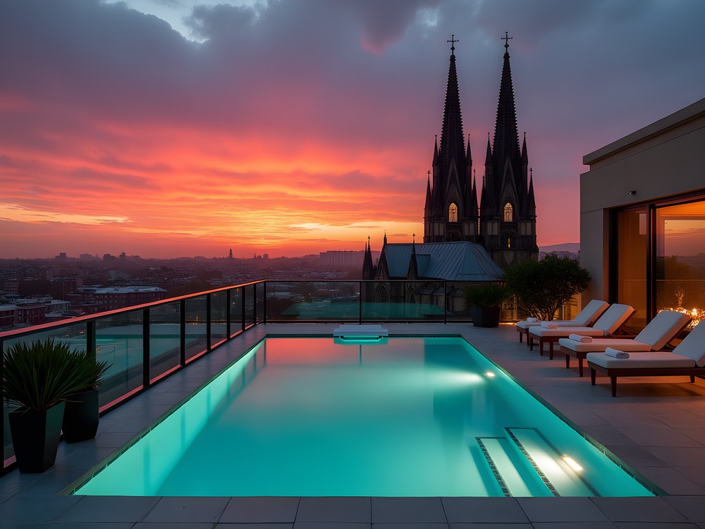 Rooftop infinity pool at luxury hotel in La Plata with cathedral view