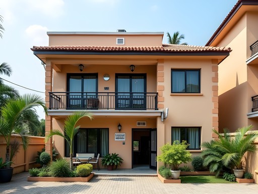Exterior architecture of a budget-friendly business hotel in Lagos showing local design elements