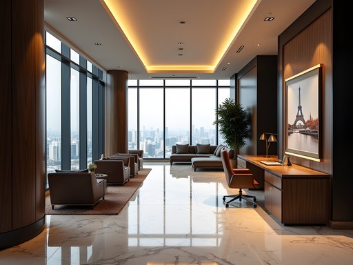 Business woman working in elegant Lagos luxury hotel lobby with architectural details