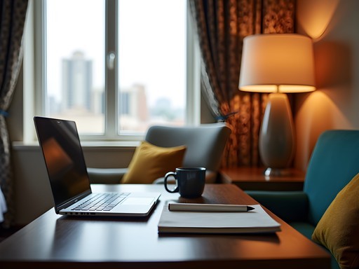 Professional workspace setup in Lagos mid-range hotel room with local design elements