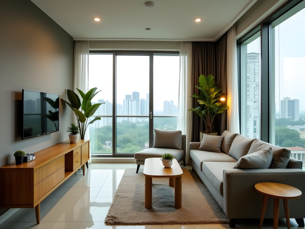 Modern serviced apartment interior in Lagos with dedicated workspace and city views
