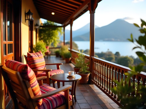 Private balcony of boutique hotel room with traditional Guatemalan textiles and Lake Atitlan view