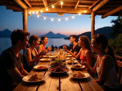 Community dinner at budget hostel with travelers sharing meal overlooking Lake Atitlan sunset