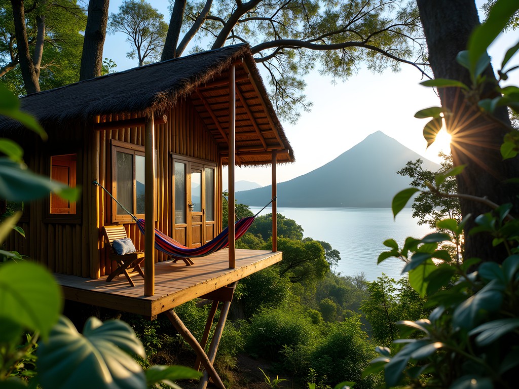 Sustainable treehouse accommodation overlooking Lake Atitlan through lush foliage