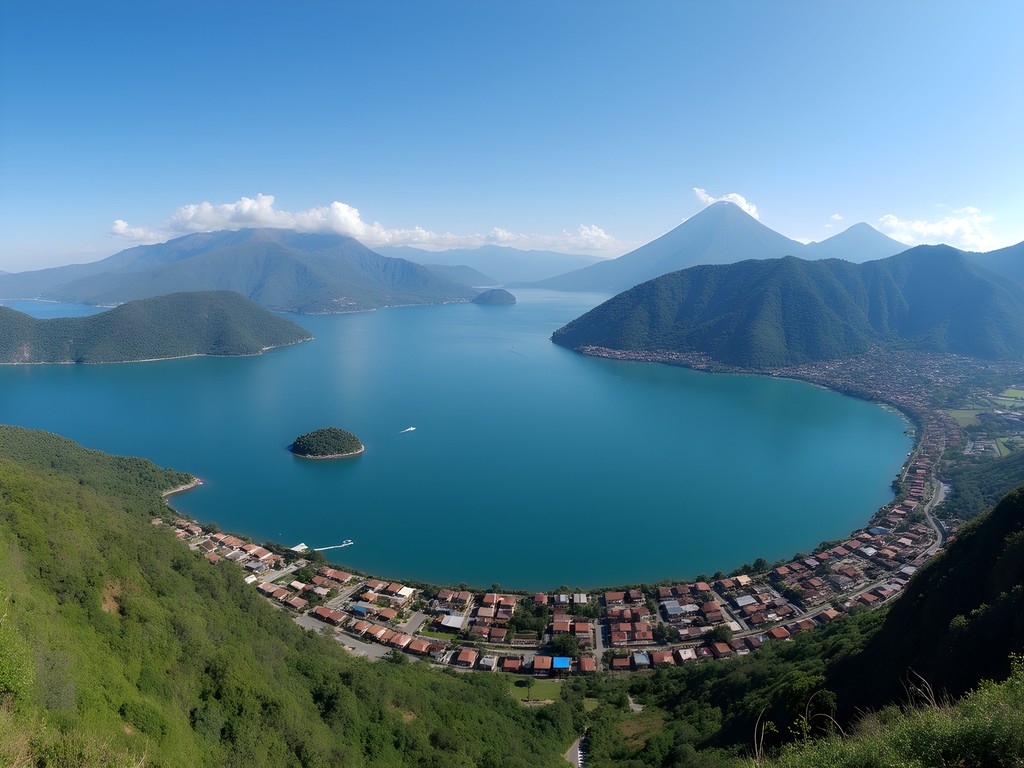 Panoramic view of colorful villages dotting Lake Atitlan's shoreline with volcanoes in background