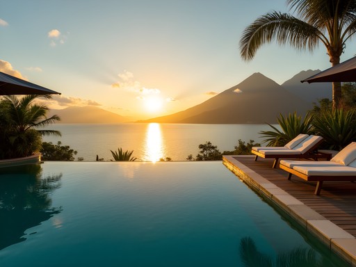 Infinity pool overlooking Lake Atitlan with volcanic views at sunset