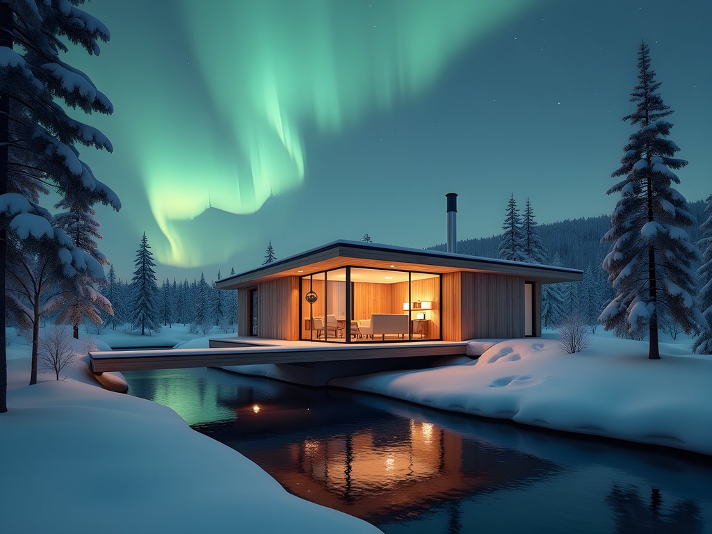 Arctic Bath water cabin with northern lights reflecting on frozen Lule River