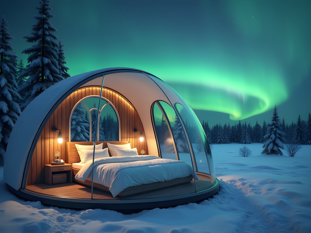 Glass igloo under the northern lights at Arctic SnowGlass resort in Swedish Lapland