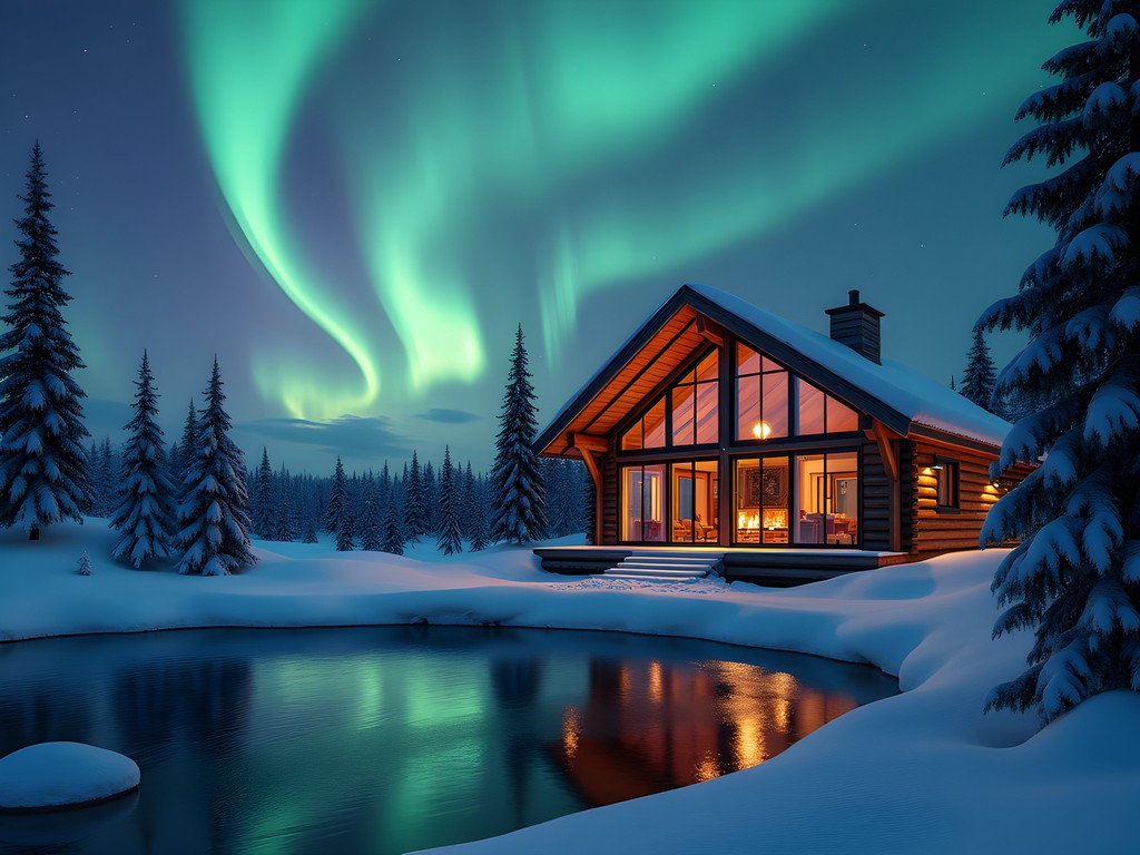 Fjellborg Arctic Lodge Master Cabin with panoramic windows showing northern lights over frozen Lake Väkkärä