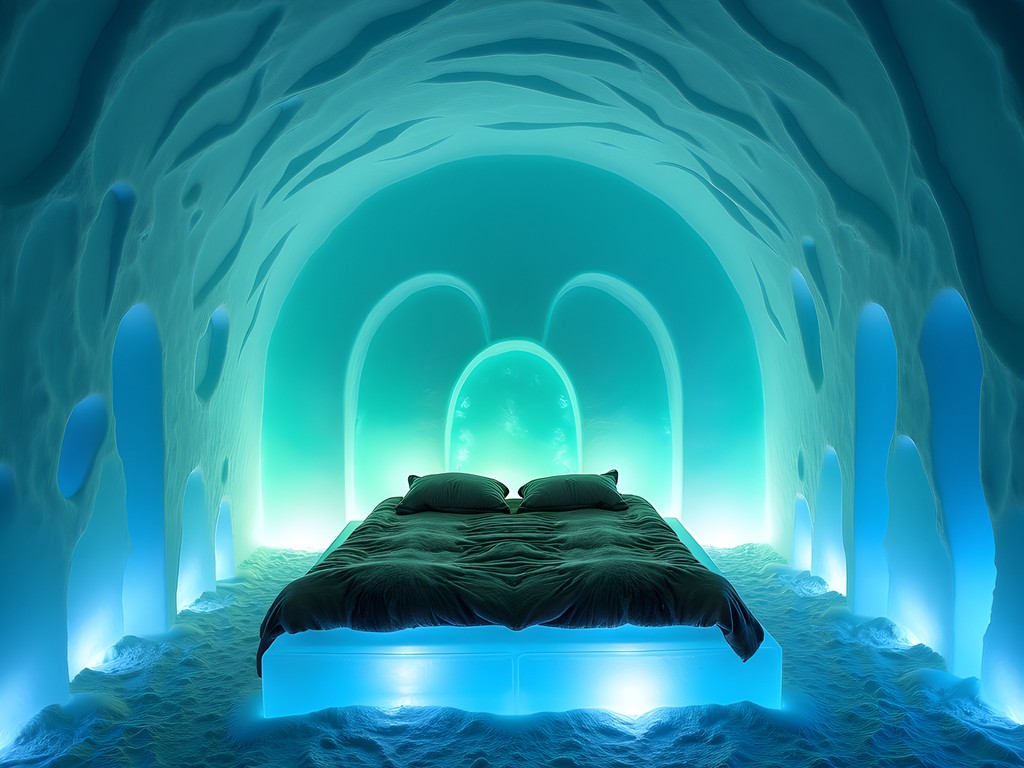 Art Suite interior at the ICEHOTEL in Jukkasjärvi with ice sculptures and illuminated ice bed