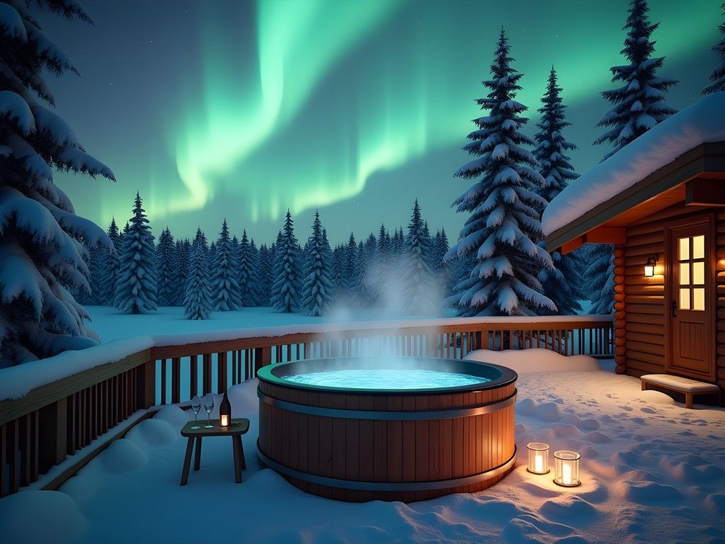 Private outdoor hot tub at Loggers Lodge with northern lights visible overhead
