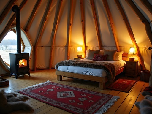 Interior of a traditional Sámi lavvu upgraded with comfortable bedding and wood stove at Sapmi Nature Camp