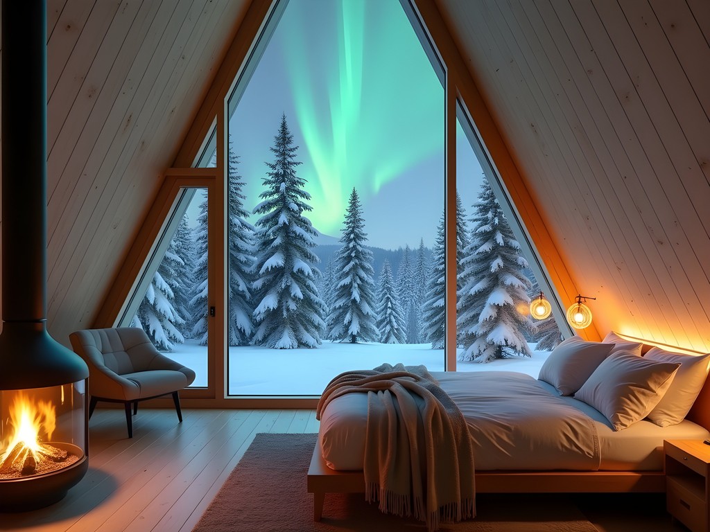 The 7th Room treehouse at Treehotel with northern lights visible through panoramic windows