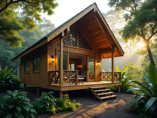 Wooden eco-lodge cabin at the edge of jungle near Lelydorp, Suriname