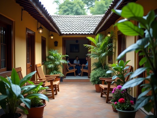 Flowering courtyard of budget guesthouse in Lelydorp with traditional wooden architecture