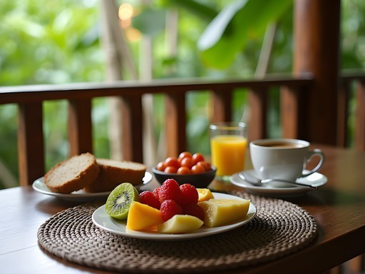 Tropical breakfast spread on wooden veranda of Surinamese homestay in Lelydorp