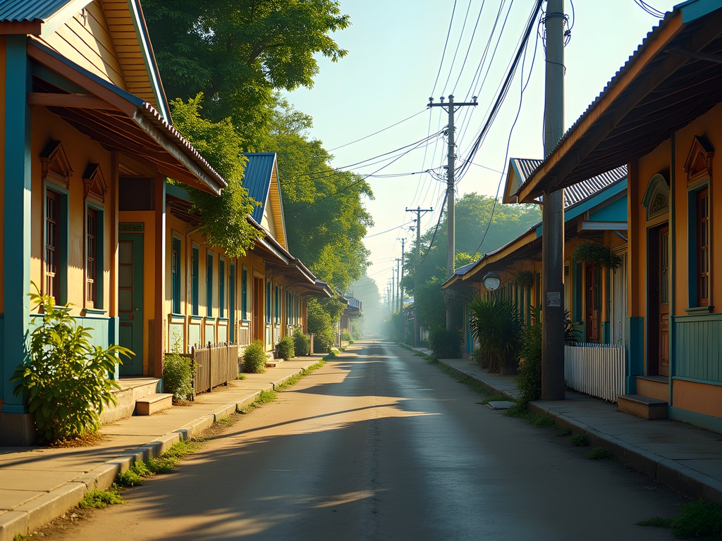 Colorful wooden houses along a quiet street in Lelydorp, Suriname