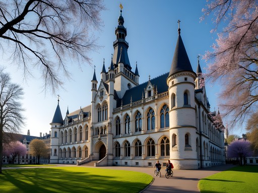 University Library of KU Leuven with spring blooms and students in foreground