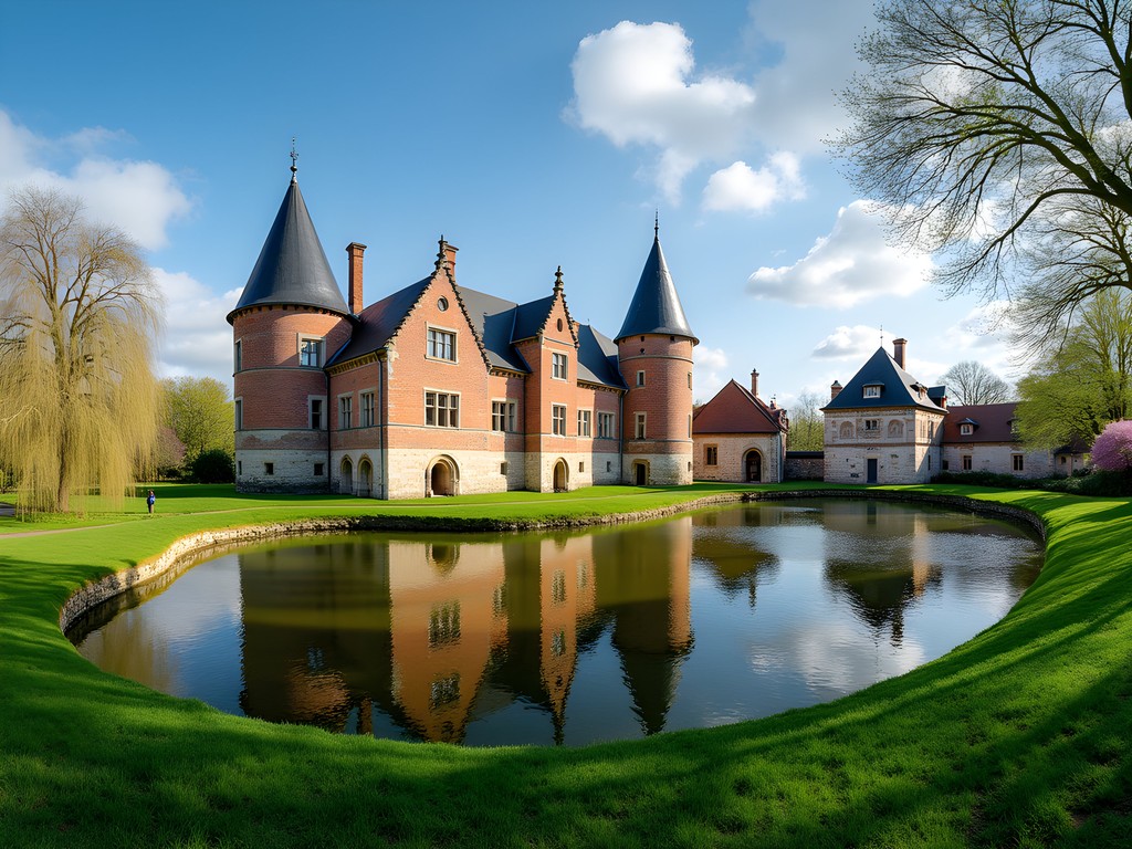 Michelle Moore standing near Arenberg Castle surrounded by spring flowers in Leuven