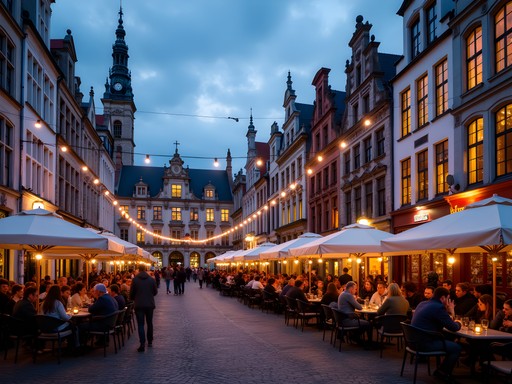 Lively evening scene at Oude Markt in Leuven with outdoor cafes and students