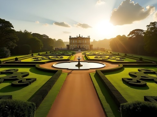 Formal gardens at Blenheim Palace with manicured hedges and water features