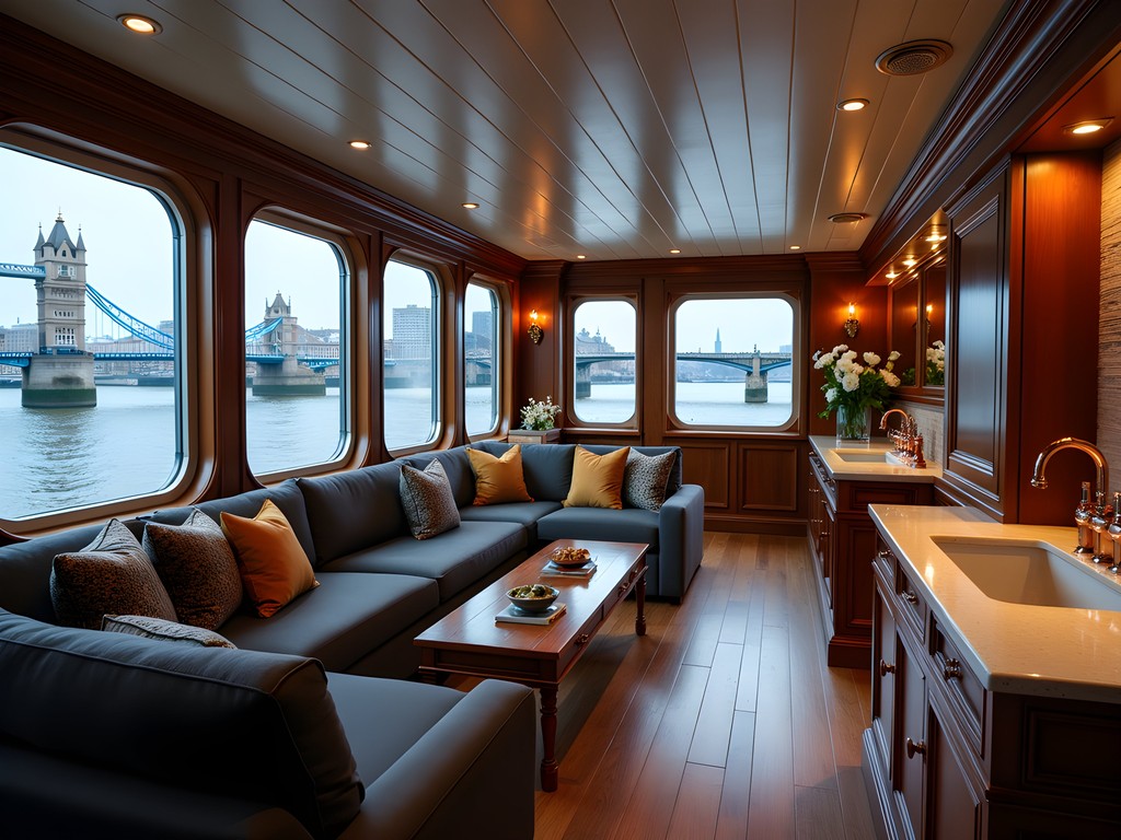 Luxury houseboat interior with panoramic Thames views