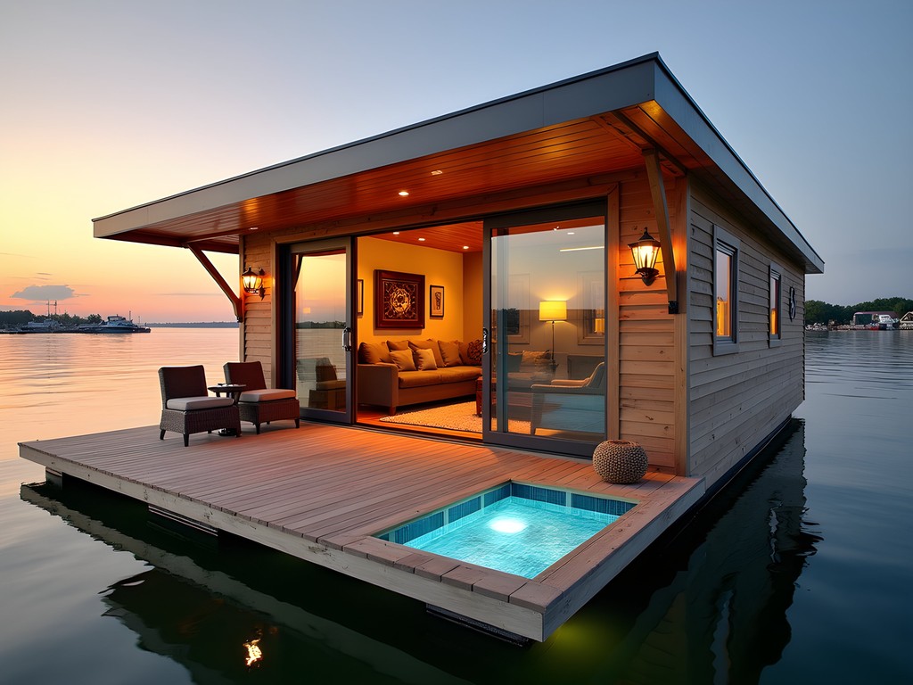 Converted floating boathouse accommodation on Lake Erie with private deck and glass floor viewing panel