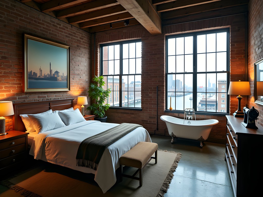 Industrial chic interior of the Harbourside Textile Loft with exposed brick, vintage textile equipment, and harbor views