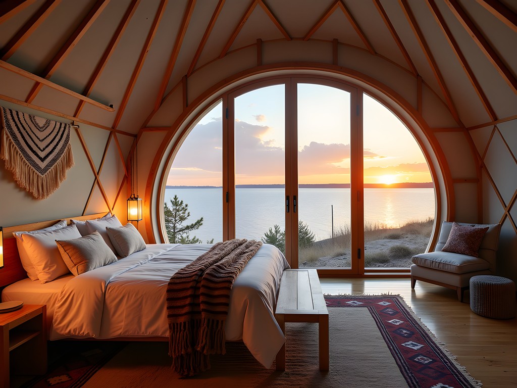 Modern yurt interior with luxury furnishings and panoramic windows facing Lake Erie at sunset