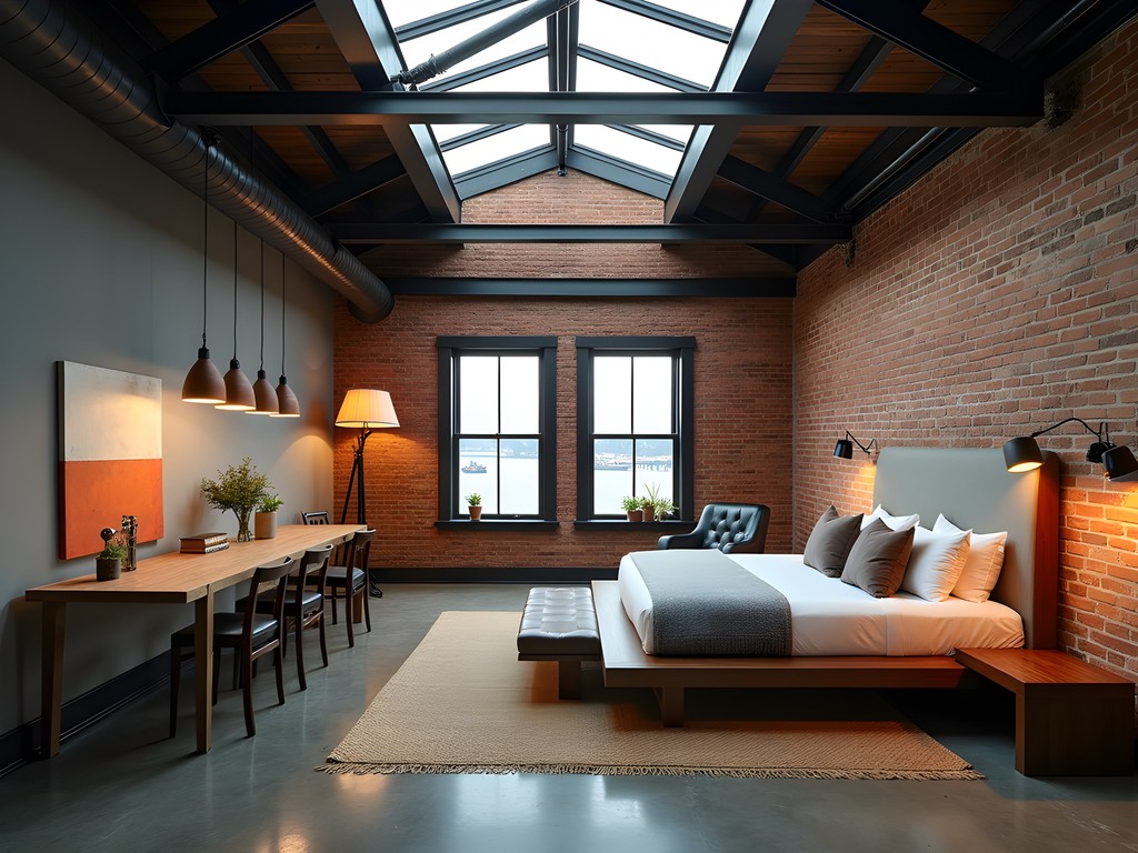 Industrial chic interior of the Steelworker's Loft with exposed steel beams, brick walls, and large factory windows overlooking Lake Erie