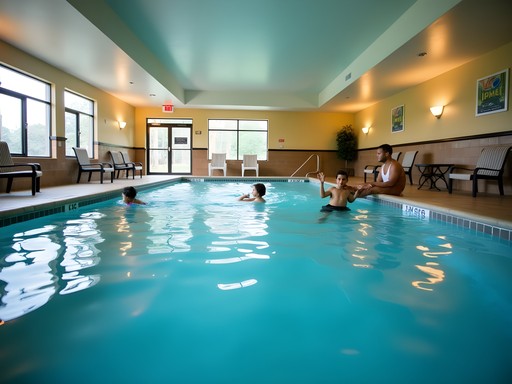 Indoor hotel pool with families enjoying swimming in Louisville hotel