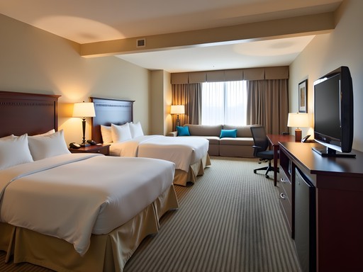 Spacious hotel suite with separate living area and two queen beds ideal for family stays in Louisville